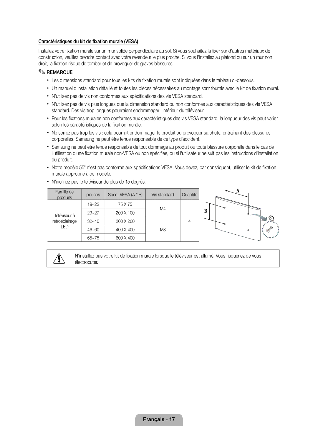 Samsung UE55D6500VSXZG manual Murale Vesa, Électrocuter, Pouces, Vis standard Quantité Produits 19~22 75 X 23~27 200 X 