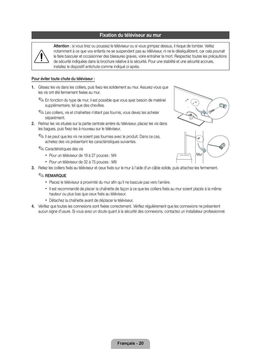 Samsung UE37D6530WSXZG, UE40D6530WSXZG manual Fixation du téléviseur au mur, Pour un téléviseur de 32 à 75 pouces M8, Mur 