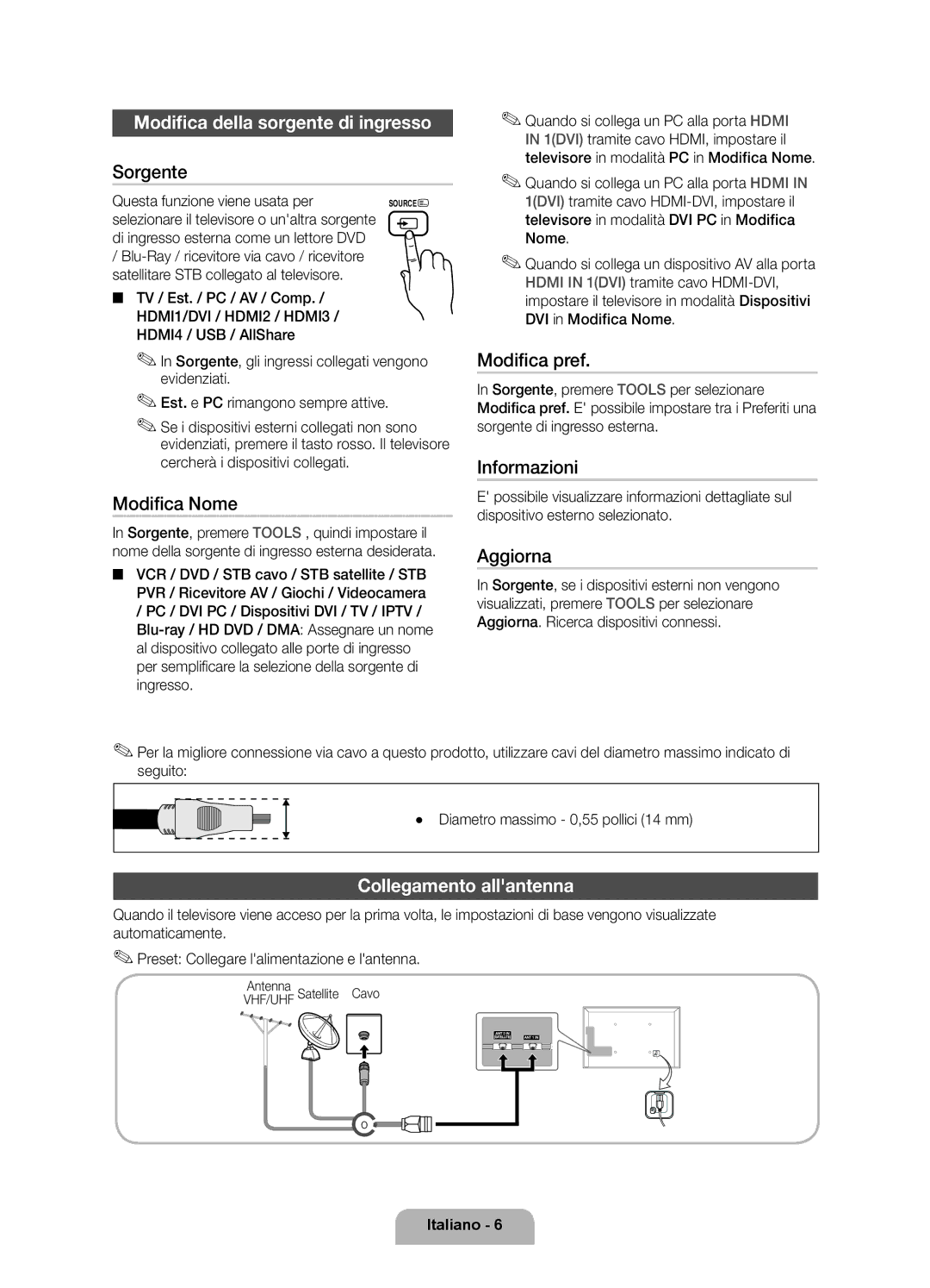 Samsung UE46D6500VSXXN, UE40D6530WSXZG, UE40D6530WSXXN manual Modifica della sorgente di ingresso, Collegamento allantenna 