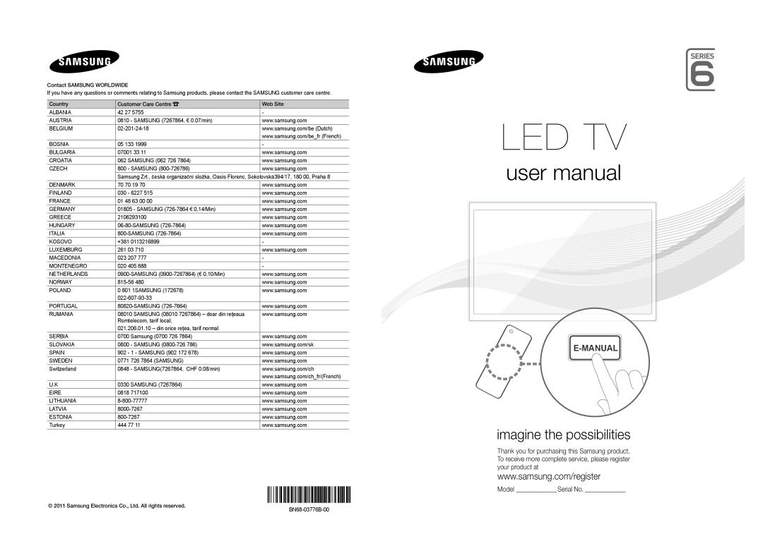 Samsung UE40D6530WSXXN, UE40D6530WSXZG manual Model Serial No, Led Tv, user manual, imagine the possibilities, E-Manual 
