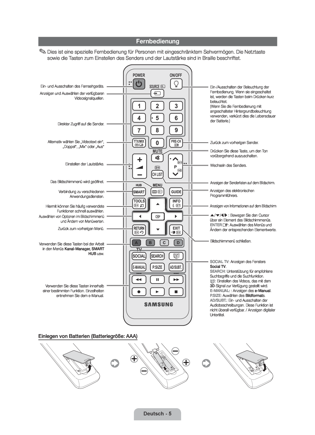 Samsung UE46D6530WSXXN manual Fernbedienung, Einlegen von Batterien Batteriegröße AAA, Deutsch, Power On/Off Source 