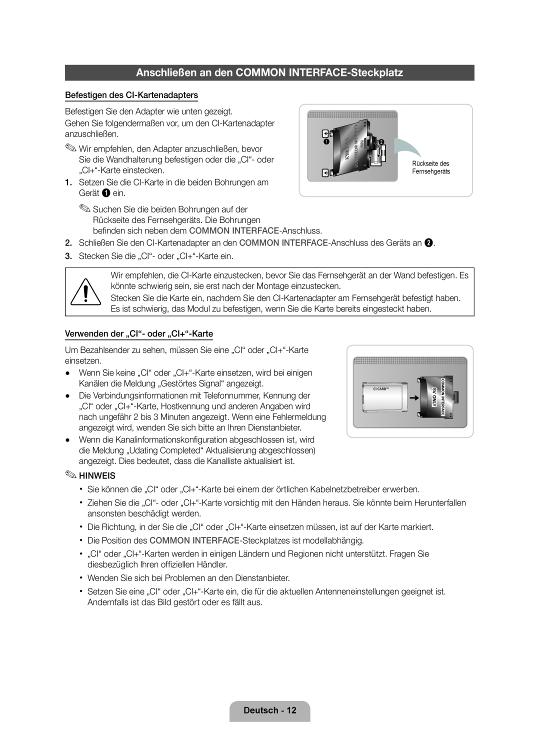 Samsung UE37D6510WSXXN manual Anschließen an den COMMON INTERFACE-Steckplatz, Deutsch, Rückseite des Fernsehgeräts 