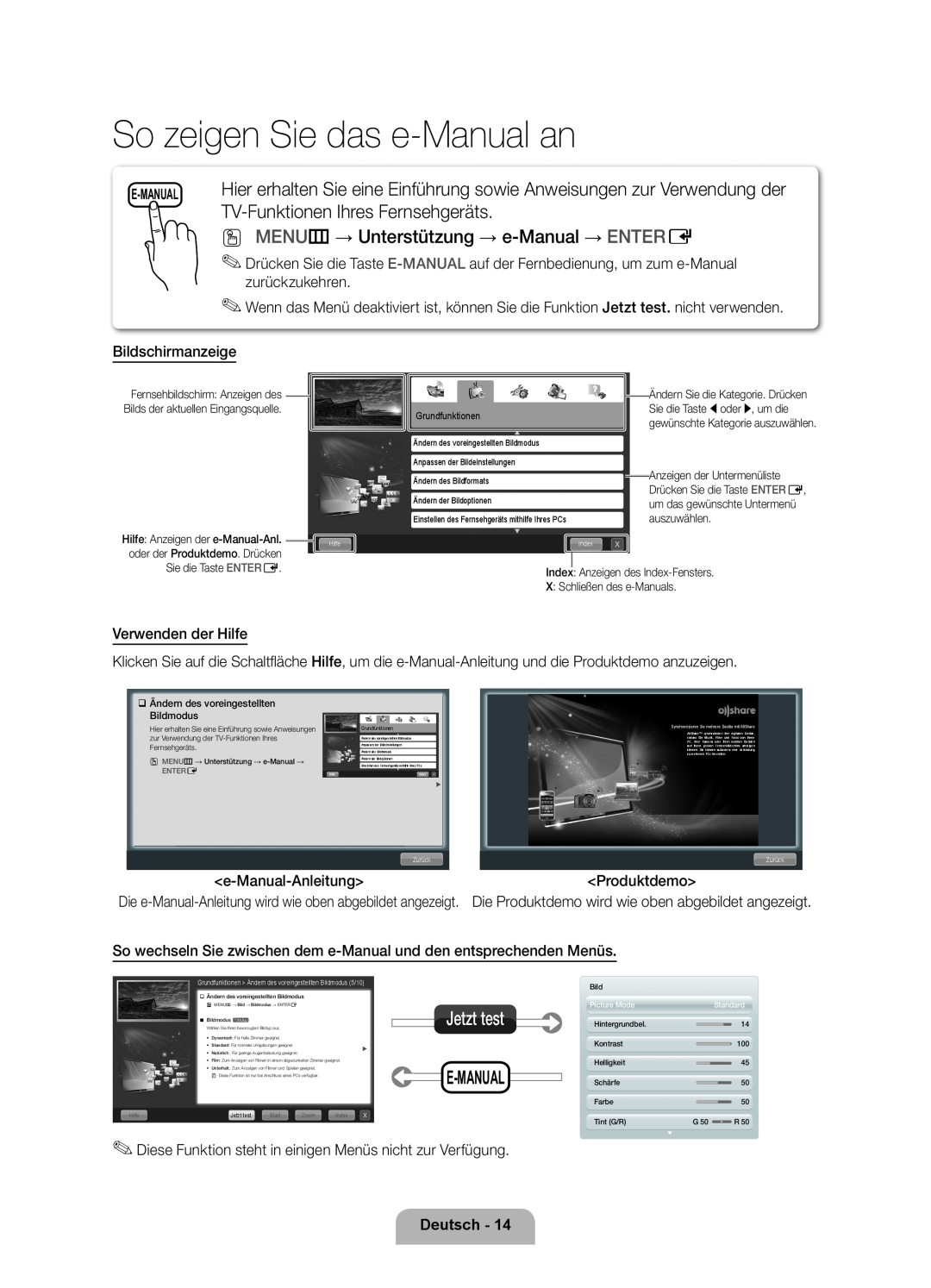 Samsung UE55D6500VSXXN So zeigen Sie das e-Manual an, TV-Funktionen Ihres Fernsehgeräts, E-Manual, Deutsch, Jetzt test 