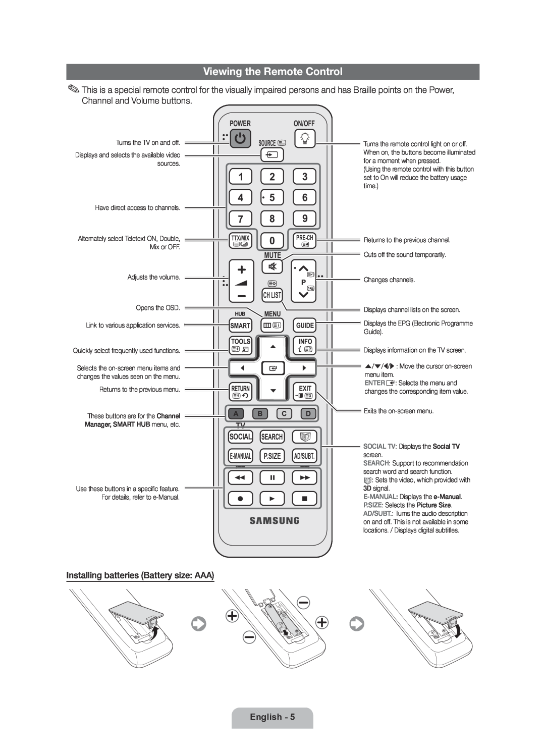 Samsung UE37D6510WSXZG Viewing the Remote Control, English, Power On/Off Source, Mute Ch List Tv Social, Ttx/Mixpre-Ch 