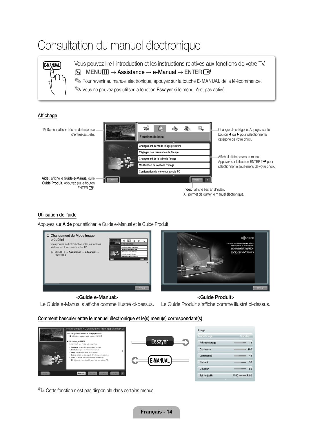 Samsung UE55D6500VSXTK Consultation du manuel électronique, O MENU m → Assistance → e-Manual → ENTER E, Essayer, E-Manual 