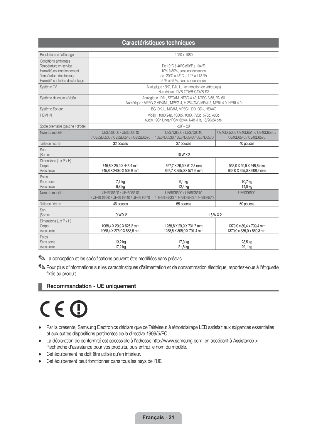 Samsung UE37D6500VSXXN, UE40D6530WSXZG manual Caractéristiques techniques, Recommandation - UE uniquement, Français 