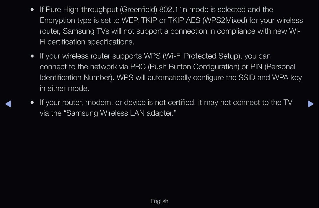 Samsung UE40D6750WSXZF, UE40D6530WSXZG, UE40D6530WSXXN manual If Pure High-throughput Greenfield 802.11n mode is selected 