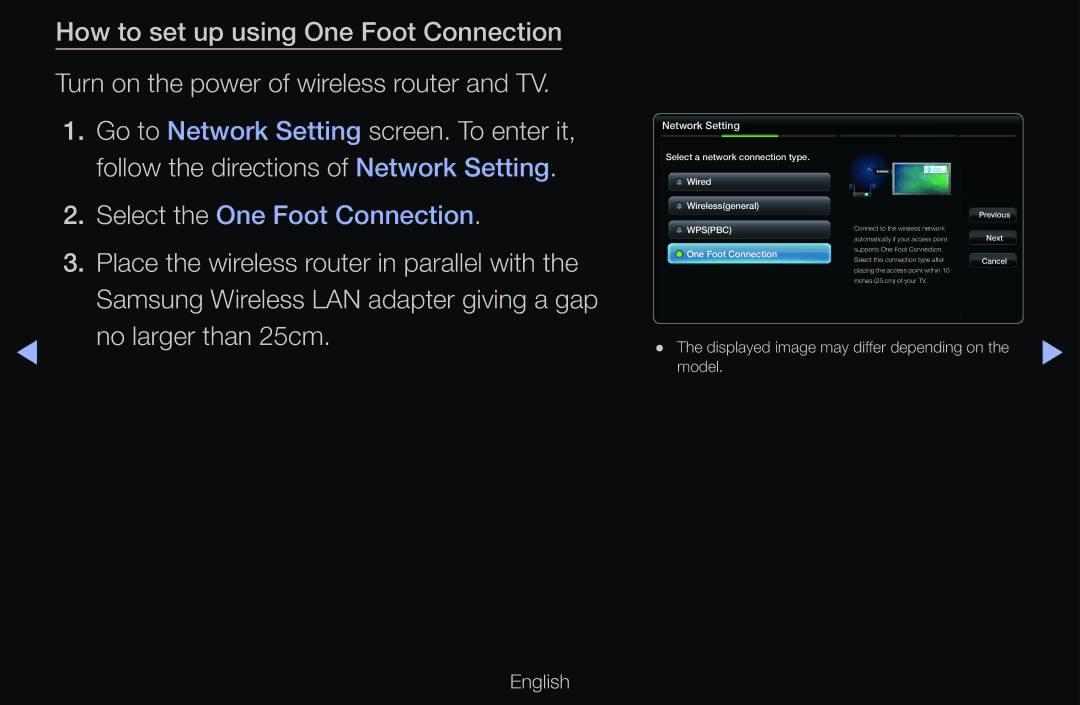 Samsung UE32D6500VSXZF, UE40D6530WSXZG, UE40D6530WSXXN, UE40D6510WSXZG, UE46D6770WSXZG manual Select the One Foot Connection 