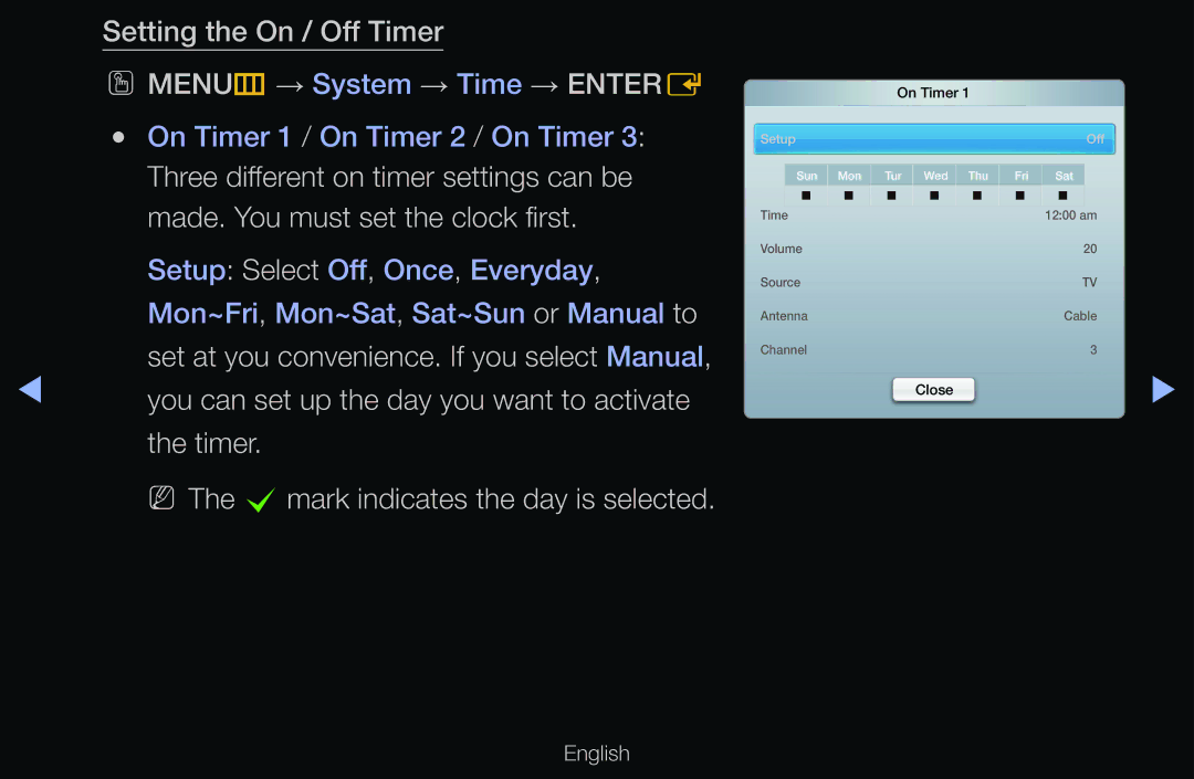 Samsung UE40D6750WQXZT, UE40D6530WSXZG, UE40D6530WSXXN manual Setting the On / Off Timer MENUm → System → Time → Entere 