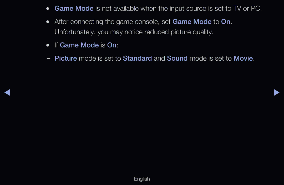 Samsung UE46D6500VSXXH, UE40D6530WSXZG, UE40D6530WSXXN, UE40D6510WSXZG, UE46D6770WSXZG, UE46D6500VSXTK manual If Game Mode is On 