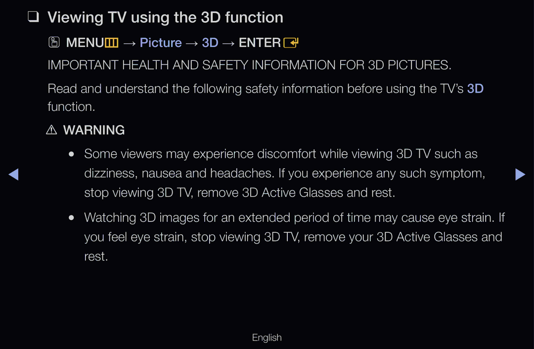 Samsung UE37D6100SPXZT, UE40D6530WSXZG manual Viewing TV using the 3D function, OO MENUm → Picture → 3D → Entere, Rest 