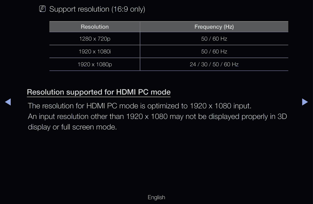 Samsung UE32D6530WSXXH, UE40D6530WSXZG, UE40D6530WSXXN, UE40D6510WSXZG, UE46D6770WSXZG manual NN Support resolution 169 only 