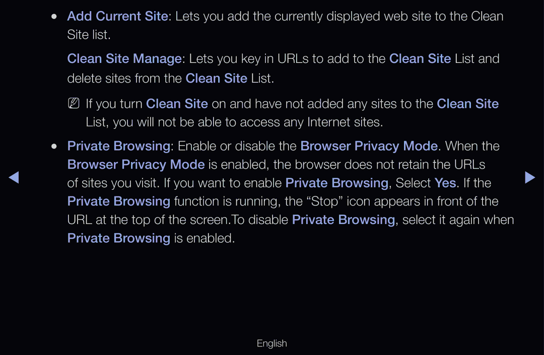 Samsung UE32D6500VSXXH, UE40D6530WSXZG, UE40D6530WSXXN, UE40D6510WSXZG, UE46D6770WSXZG manual Private Browsing is enabled 