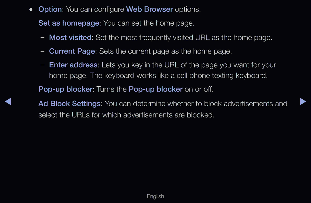 Samsung UE37D6500VSXXH, UE40D6530WSXZG Option You can configure Web Browser options, Set as homepage You can set the home 