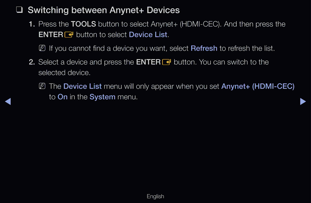 Samsung UE46D6205TSXXE, UE40D6530WSXZG, UE40D6530WSXXN manual Switching between Anynet+ Devices, To On in the System menu 