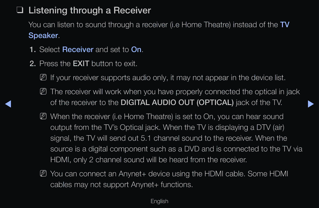 Samsung UE46D6517WKXXE, UE40D6530WSXZG, UE40D6530WSXXN, UE40D6510WSXZG, UE46D6770WSXZG manual Listening through a Receiver 