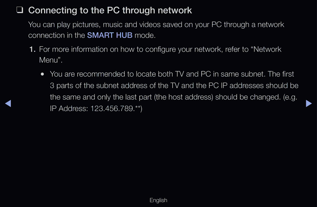 Samsung UE32D6535WSXXE, UE40D6530WSXZG, UE40D6530WSXXN, UE40D6510WSXZG manual Connecting to the PC through network, IP Address 