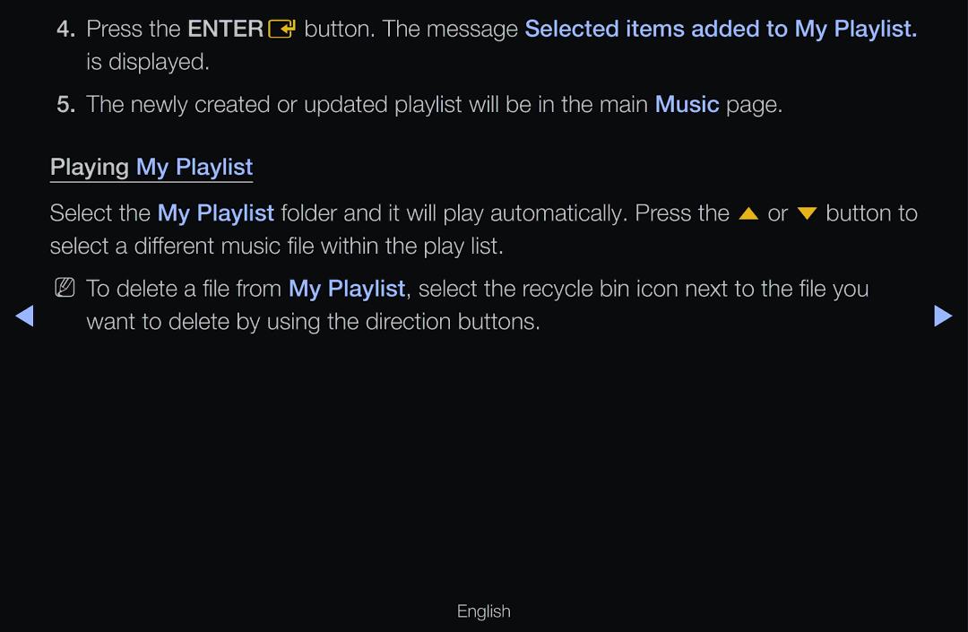 Samsung UE37D6575WSXXE, UE40D6530WSXZG, UE40D6530WSXXN manual Newly created or updated playlist will be in the main Music 