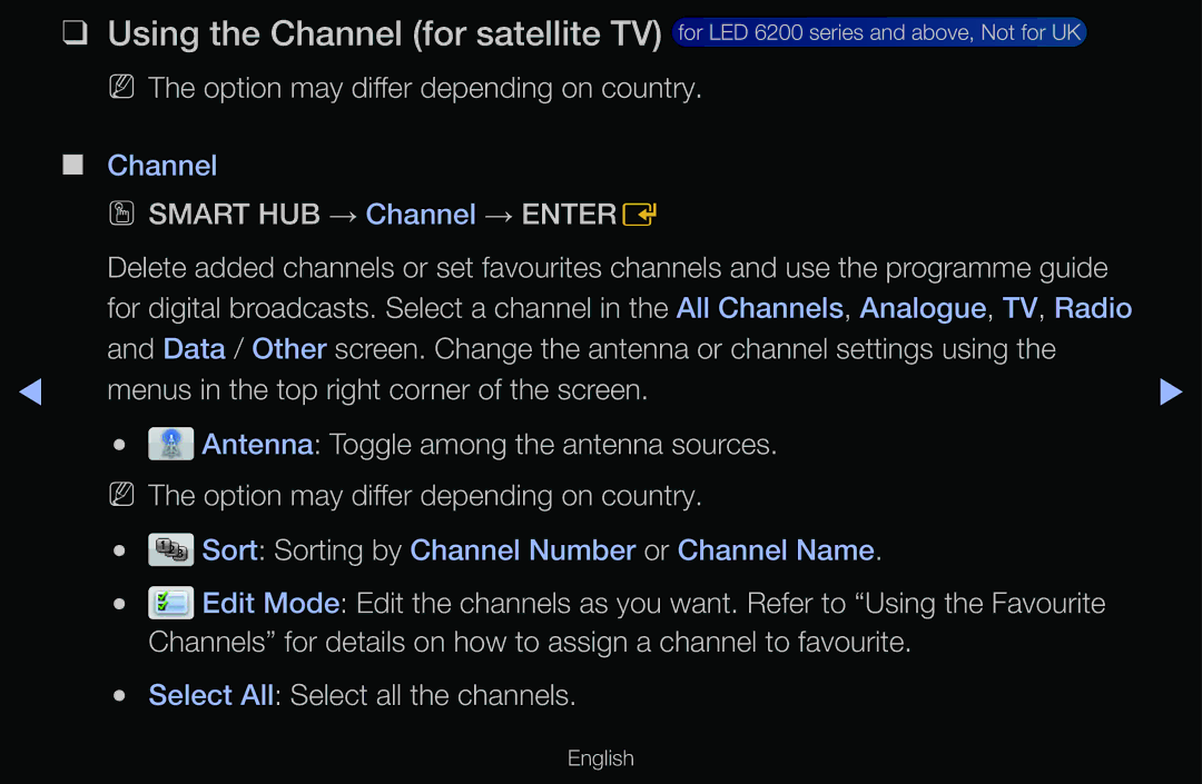 Samsung UE32D6530WSXXN, UE40D6530WSXZG manual NN The option may differ depending on country, OO Smart HUB → Channel → Entere 