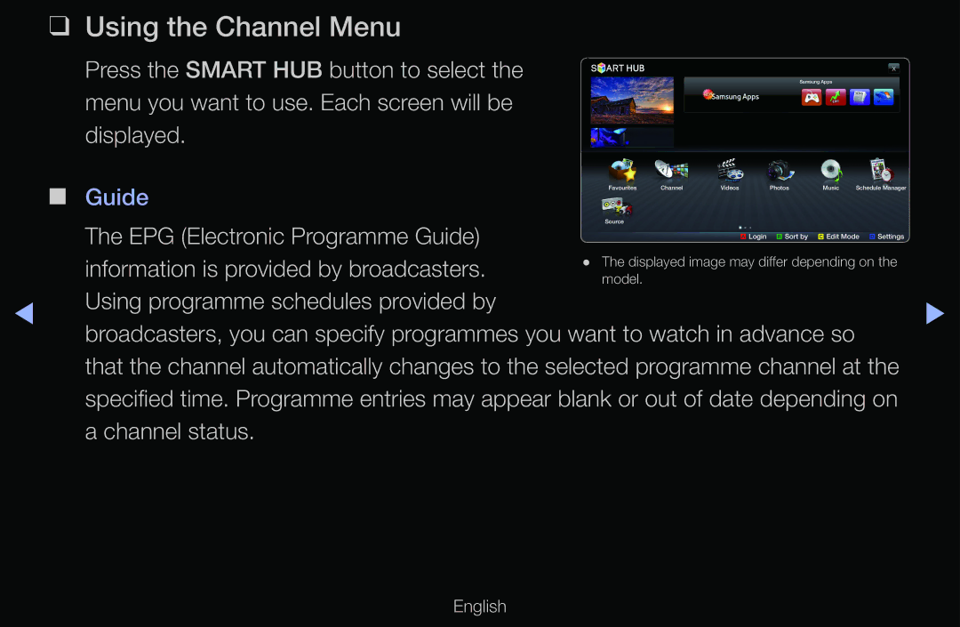 Samsung UE46D6500VSXTK Using the Channel Menu, EPG Electronic Programme Guide, Information is provided by broadcasters 