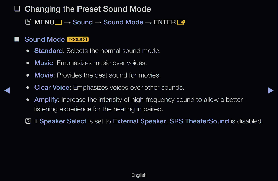 Samsung UE46D6320SSXXN, UE40D6530WSXZG, UE40D6530WSXXN, UE40D6510WSXZG, UE46D6770WSXZG manual Changing the Preset Sound Mode 