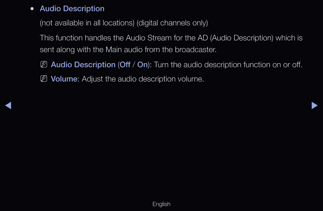 Samsung UE46D6300SSXZG, UE40D6530WSXZG, UE40D6530WSXXN, UE40D6510WSXZG, UE46D6770WSXZG, UE46D6500VSXTK manual Audio Description 