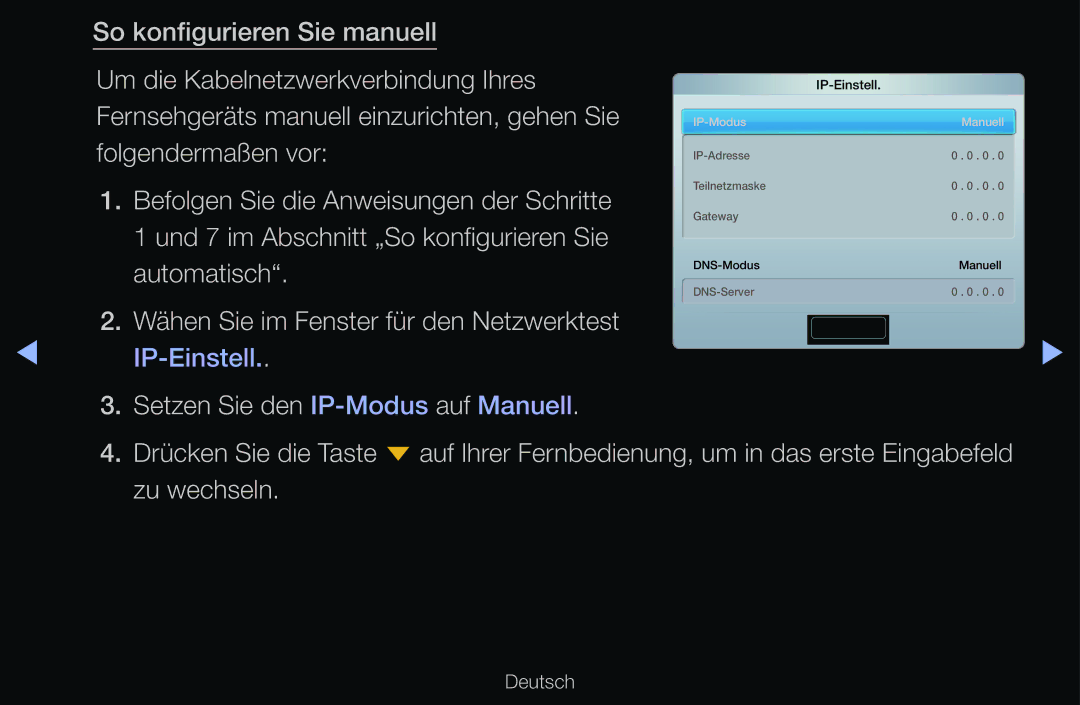 Samsung UE37D6530WSXXN, UE40D6530WSXZG, UE40D6530WSXXN, UE40D6510WSXZG manual Wähen Sie im Fenster für den Netzwerktest 