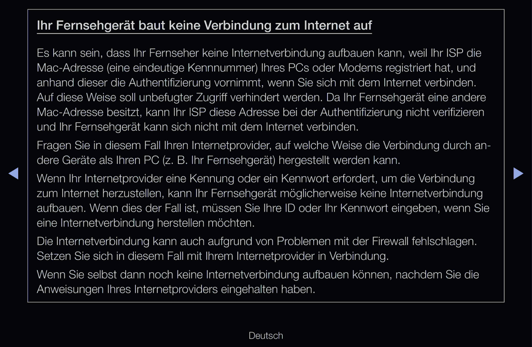 Samsung UE40D6320SSXXN, UE40D6530WSXZG, UE40D6530WSXXN manual Ihr Fernsehgerät baut keine Verbindung zum Internet auf 