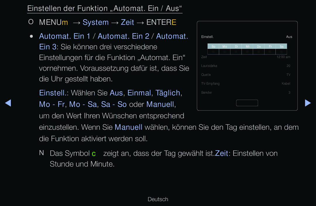 Samsung UE40D6380SSXZG, UE40D6530WSXZG, UE40D6530WSXXN, UE40D6510WSXZG manual Einstell. Wählen Sie Aus, Einmal, Täglich 