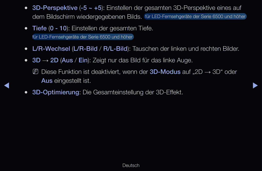 Samsung UE32D6510WSXZG, UE40D6530WSXZG, UE40D6530WSXXN, UE40D6510WSXZG manual Tiefe 0 10 Einstellen der gesamten Tiefe 