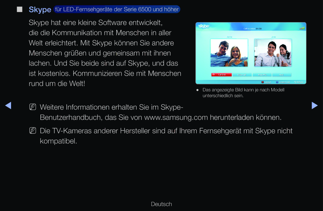 Samsung UE46D6500VHXXC, UE40D6530WSXZG, UE40D6530WSXXN, UE40D6510WSXZG Skype für LED-Fernsehgeräte der Serie 6500 und höher 