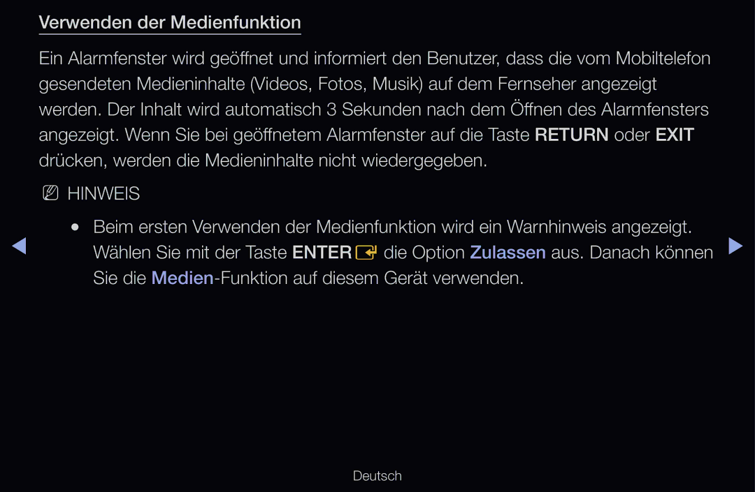 Samsung UE40D6510WSXZG, UE40D6530WSXZG Verwenden der Medienfunktion, Sie die Medien-Funktion auf diesem Gerät verwenden 