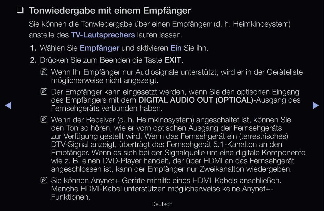Samsung UE46D6530WSXXH, UE40D6530WSXZG, UE40D6530WSXXN, UE40D6510WSXZG, UE46D6770WSXZG manual Tonwiedergabe mit einem Empfänger 