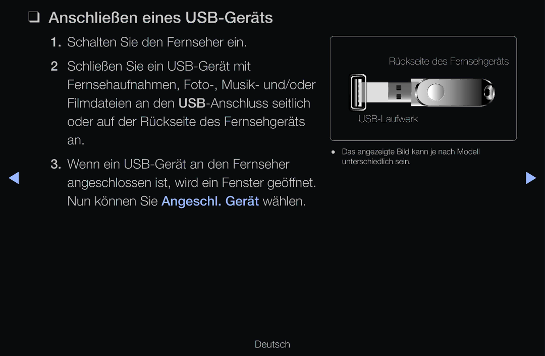 Samsung UE55D6500VSXZG, UE40D6530WSXZG, UE40D6530WSXXN, UE40D6510WSXZG, UE46D6770WSXZG manual Anschließen eines USB-Geräts 