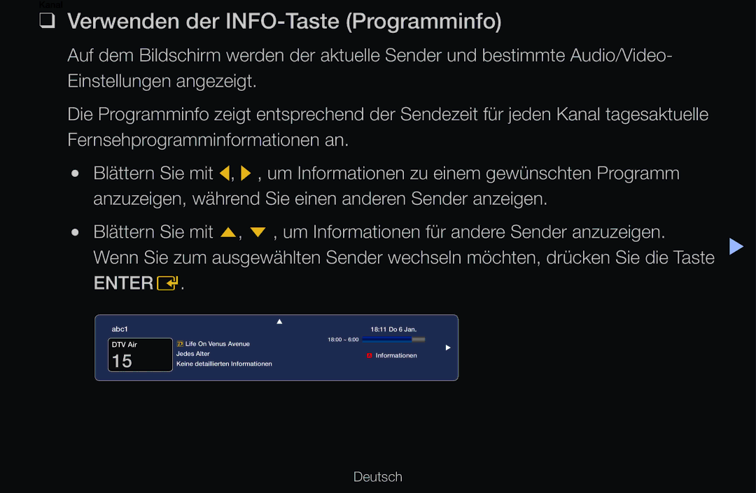 Samsung UE46D6770WSXZG, UE40D6530WSXZG, UE40D6530WSXXN, UE40D6510WSXZG manual Verwenden der INFO-Taste Programminfo, Enter E 