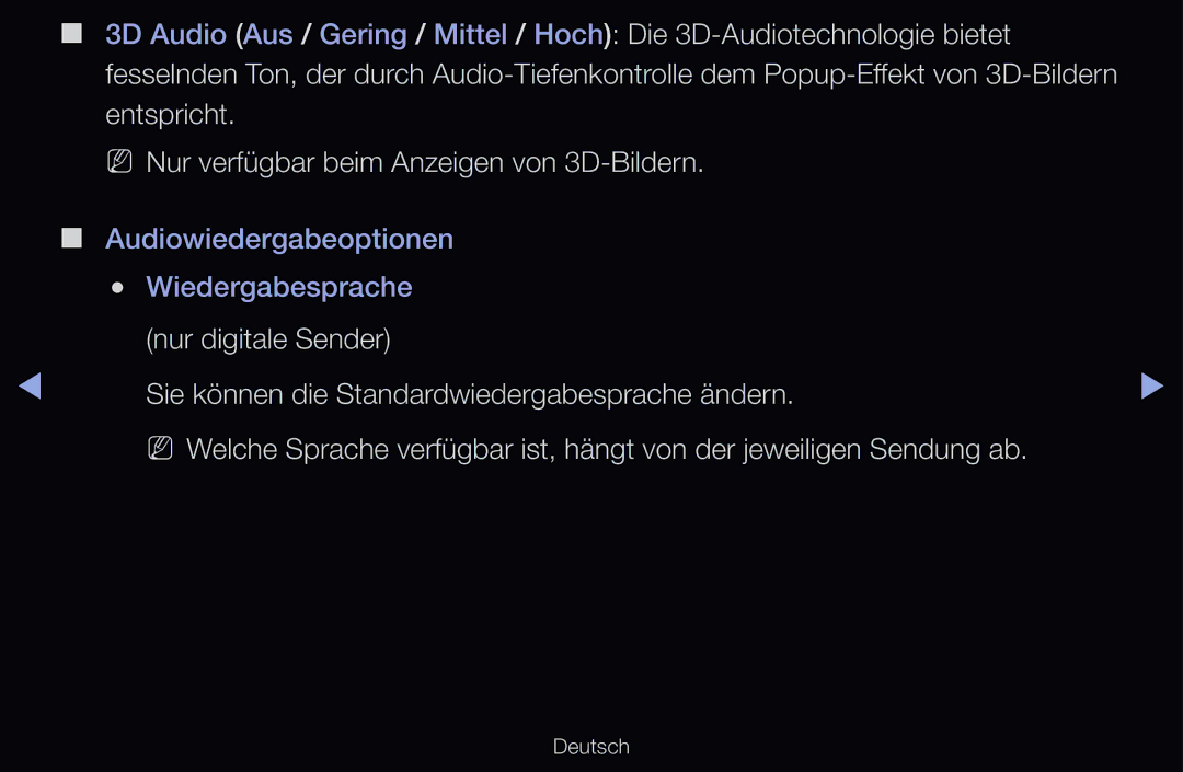 Samsung UE55D6320SSXXN, UE40D6530WSXZG, UE40D6530WSXXN, UE40D6510WSXZG manual Audiowiedergabeoptionen Wiedergabesprache 