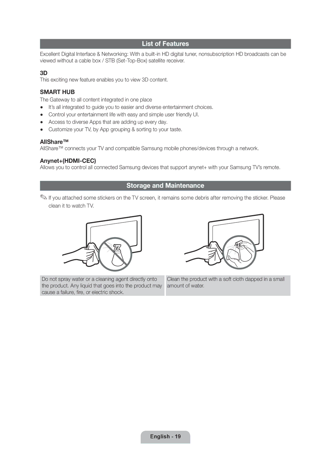 Samsung UE40D6535WSXXE, UE46D6515WSXXE, UE32D6535WSXXE, UE32D6575WSXXE manual List of Features, Storage and Maintenance 