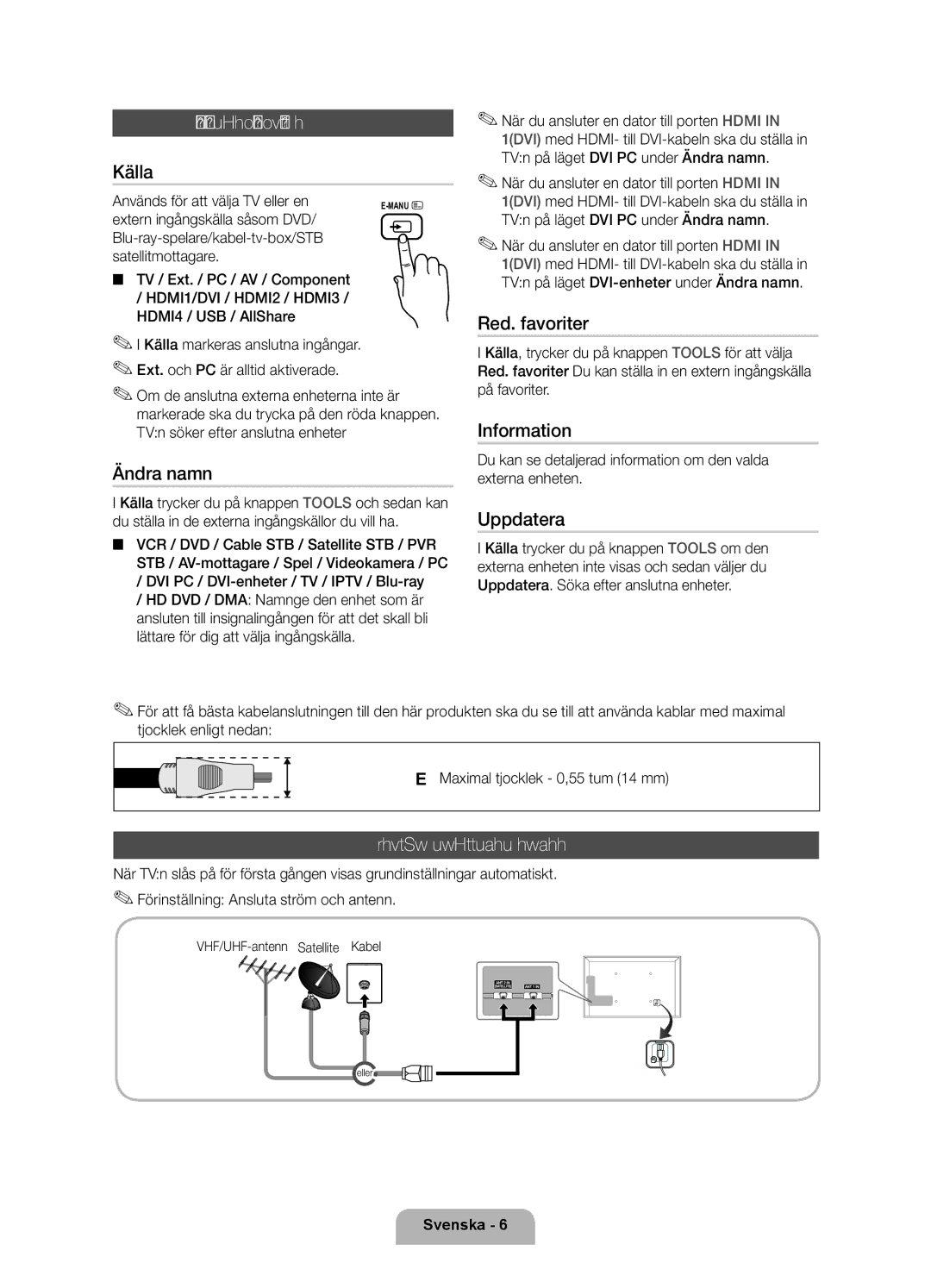 Samsung UE55D6575WSXXE, UE40D6535WSXXE, UE46D6515WSXXE, UE32D6535WSXXE manual Ändra ingångskällan, Ansluta till en antenn 