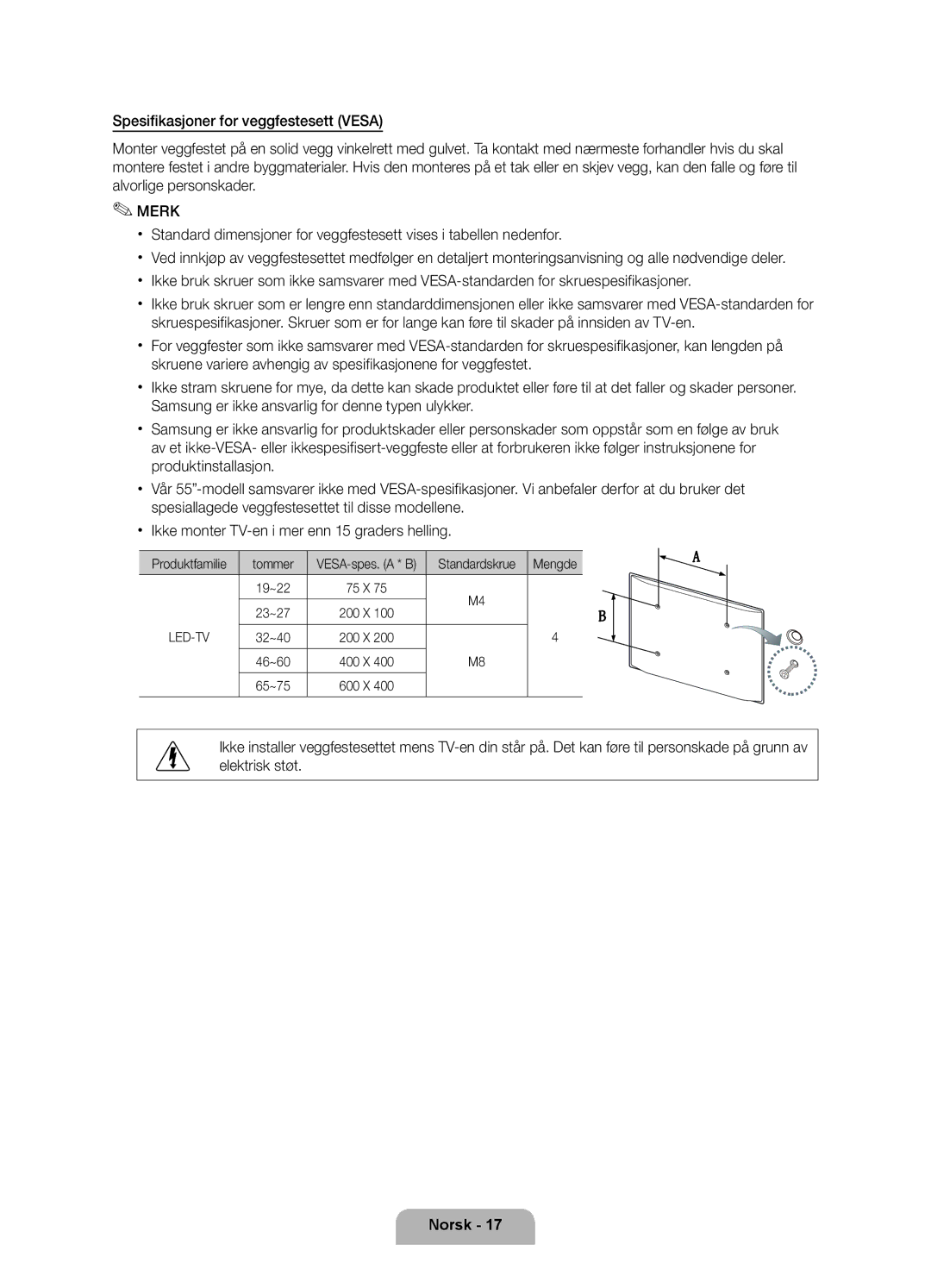 Samsung UE46D6515WSXXE, UE40D6535WSXXE, UE32D6535WSXXE, UE32D6575WSXXE manual VESA-spes. a * B, 19~22 75 X 23~27 200 X 