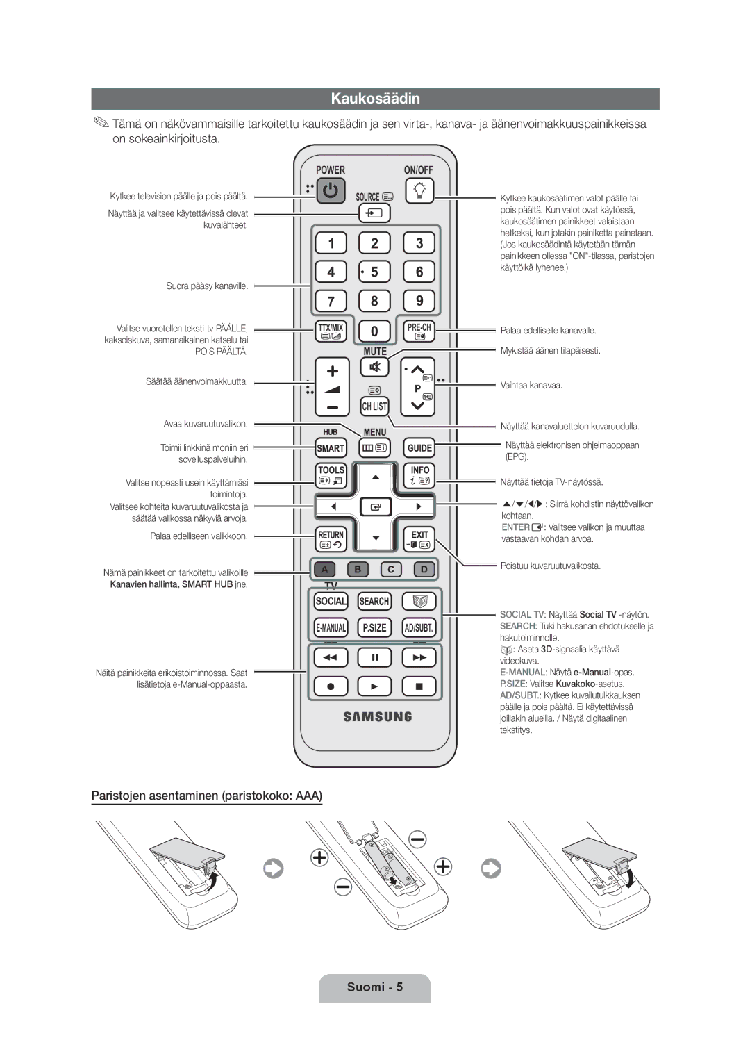 Samsung UE37D6515WSXXE, UE40D6535WSXXE, UE46D6515WSXXE, UE32D6535WSXXE Kaukosäädin, Paristojen asentaminen paristokoko AAA 