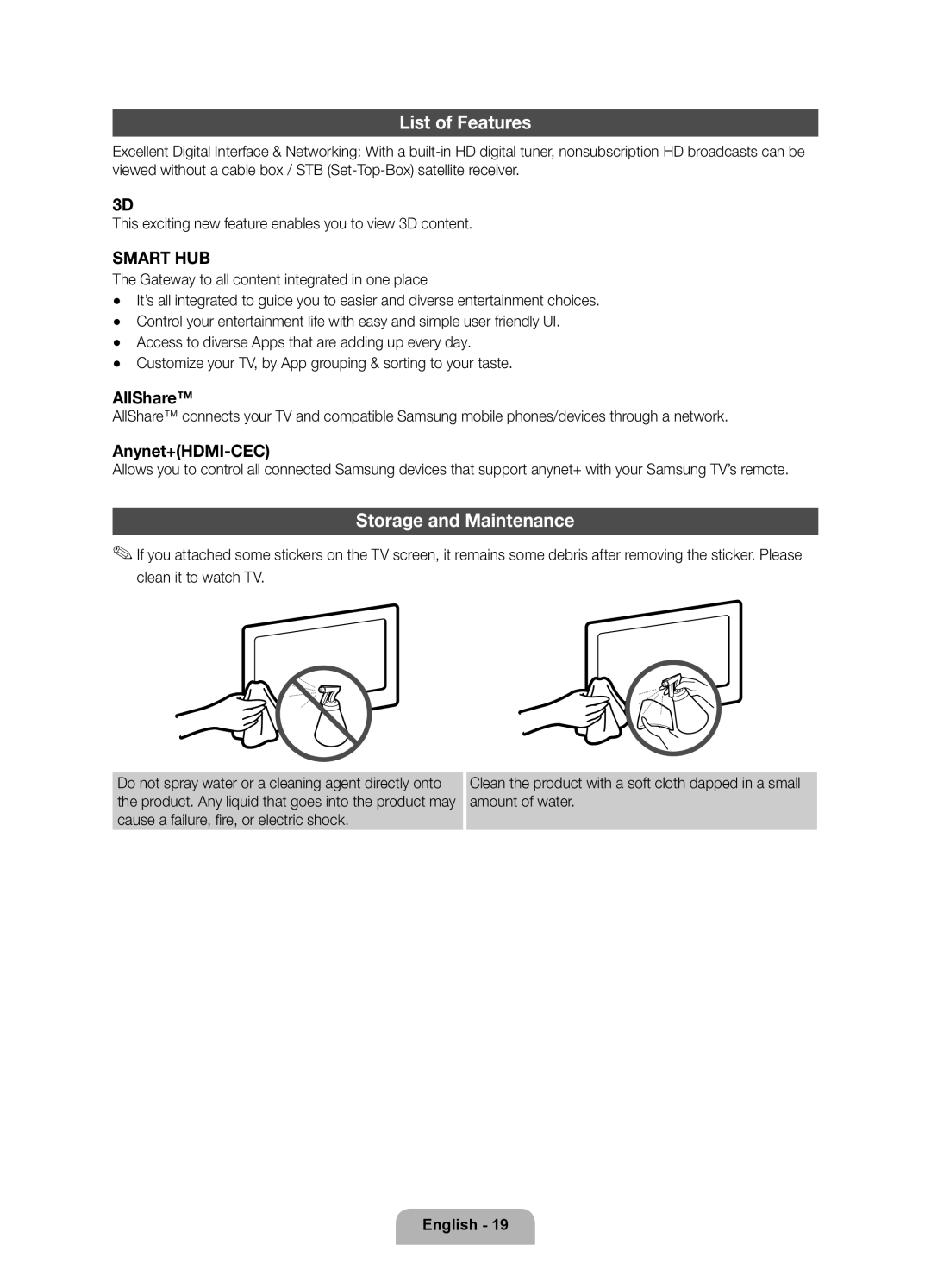 Samsung UE46D6750WSXXC, UE40D6750WSXXC manual List of Features, Storage and Maintenance 