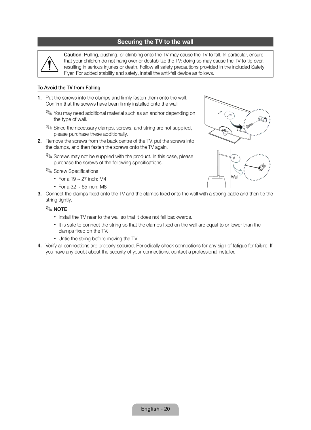 Samsung UE40D6750WSXXC, UE46D6750WSXXC manual Securing the TV to the wall 