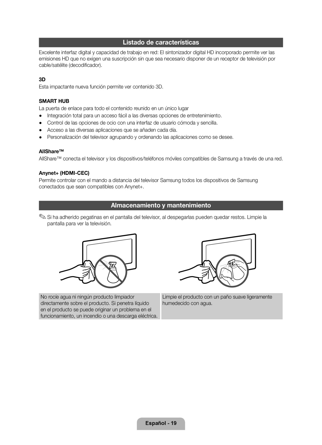 Samsung UE46D6750WSXXC, UE40D6750WSXXC manual Listado de características, Almacenamiento y mantenimiento 