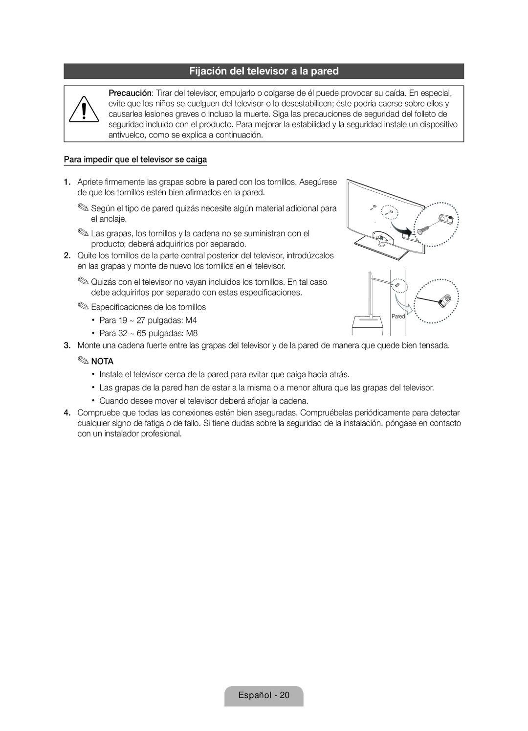 Samsung UE40D6750WSXXC, UE46D6750WSXXC manual Fijación del televisor a la pared 