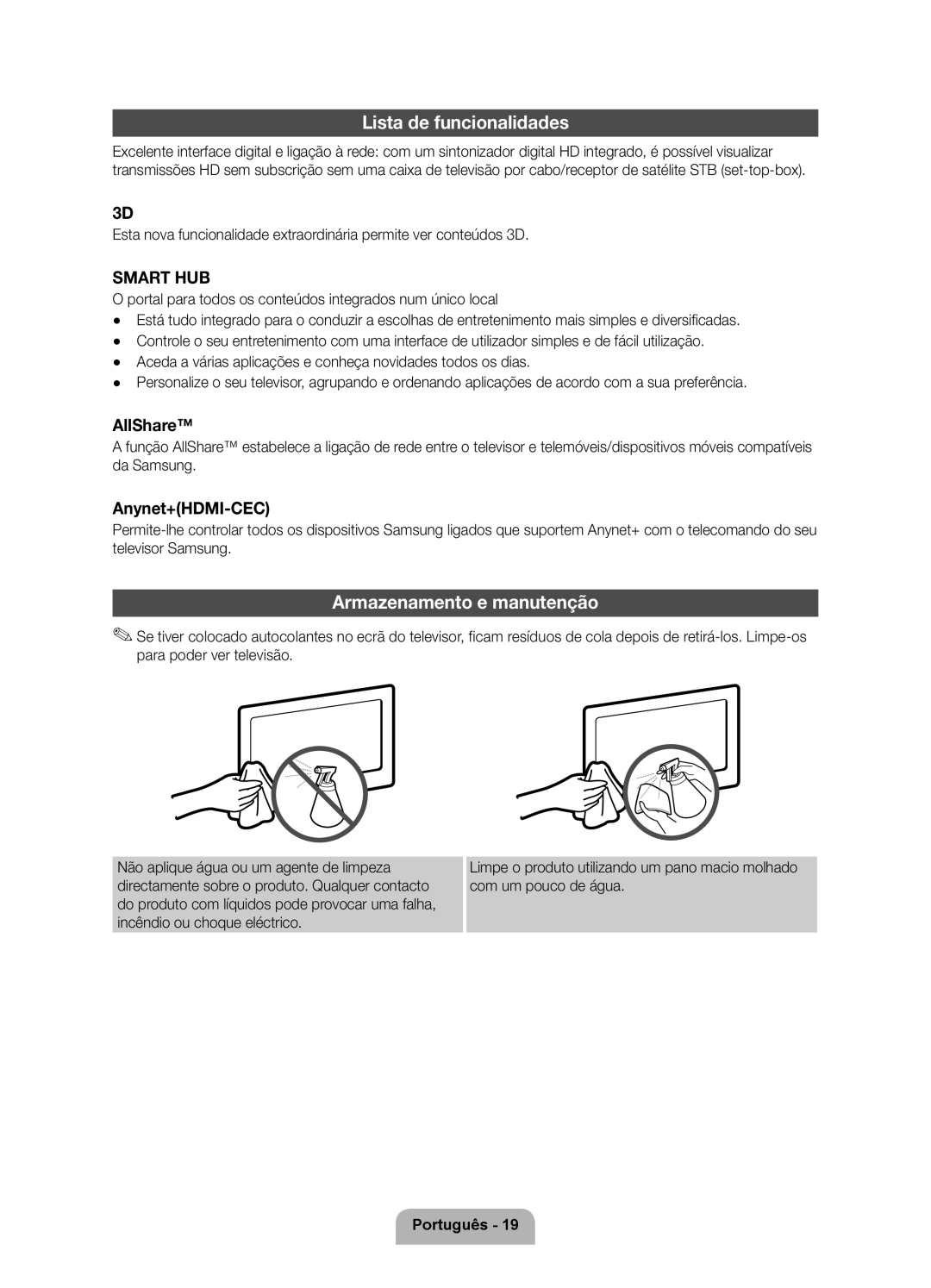 Samsung UE46D6750WSXXC, UE40D6750WSXXC manual Lista de funcionalidades, Armazenamento e manutenção 