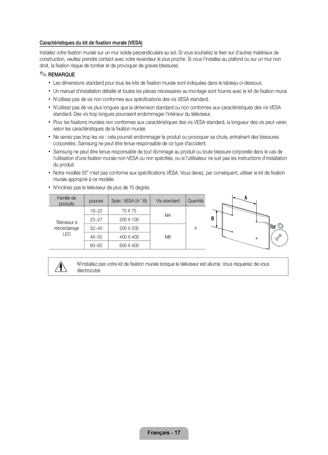 Samsung UE32D6750WSXZF manual Murale Vesa, Électrocuter, Pouces, Vis standard Quantité Produits 19~22 75 X 23~27 200 X 