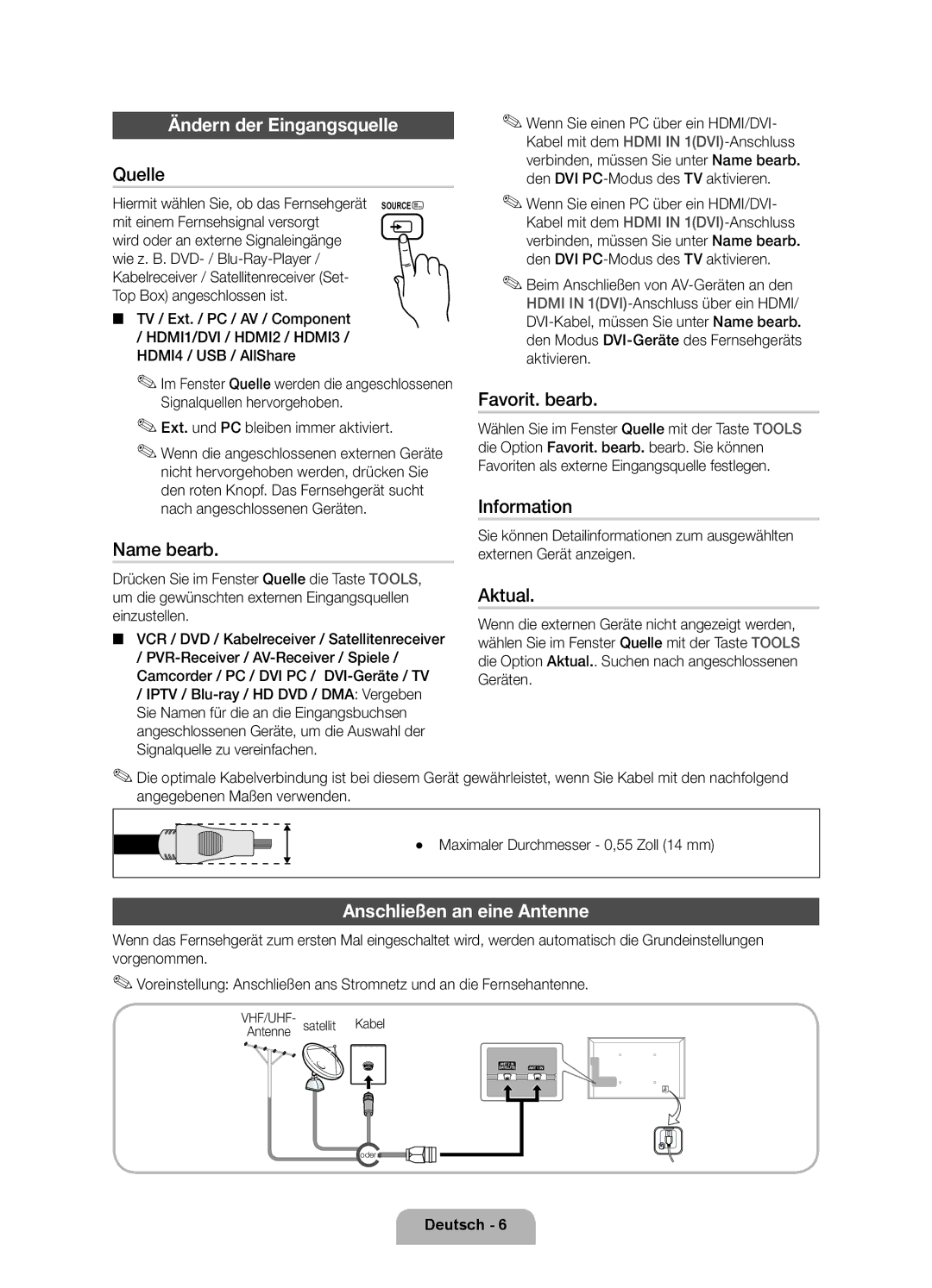 Samsung UE55D6750WSXZF, UE40D6750WSXZF, UE46D6750WSXZF manual Ändern der Eingangsquelle, Anschließen an eine Antenne 