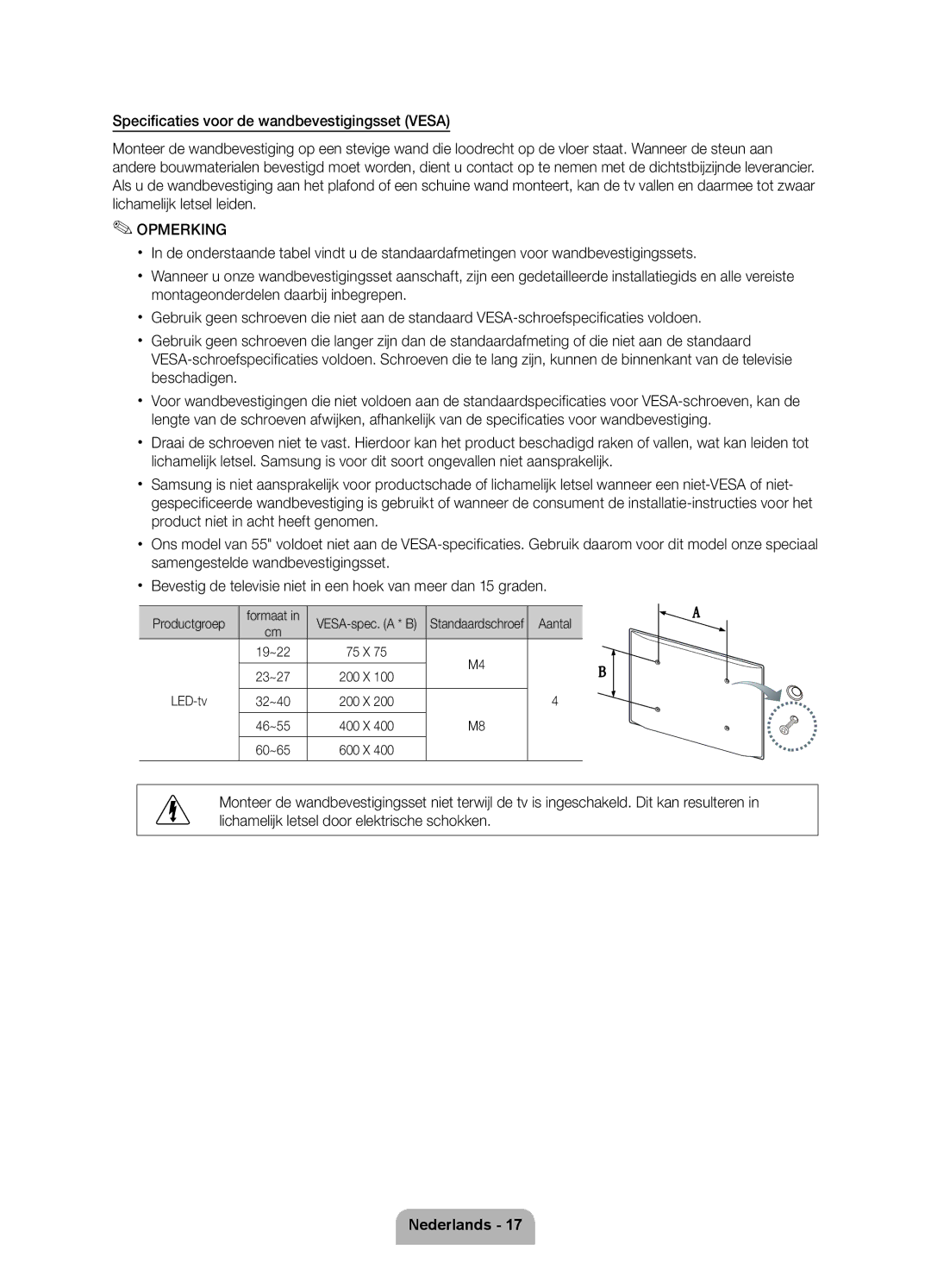 Samsung UE46D6750WSXZF, UE40D6750WSXZF, UE55D6750WSXZF Formaat VESA-spec. a * B Standaardschroef, 19~22 75 X 23~27 200 X 