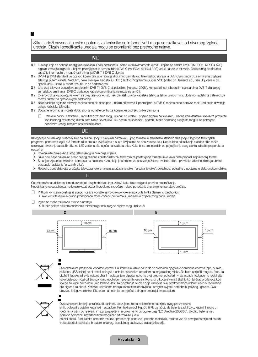 Samsung UE46D7000LSXZF, UE40D7000LSXXH manual Napomena o digitalnoj televiziji, Upozorenje o prikazivanju statičnih slika 