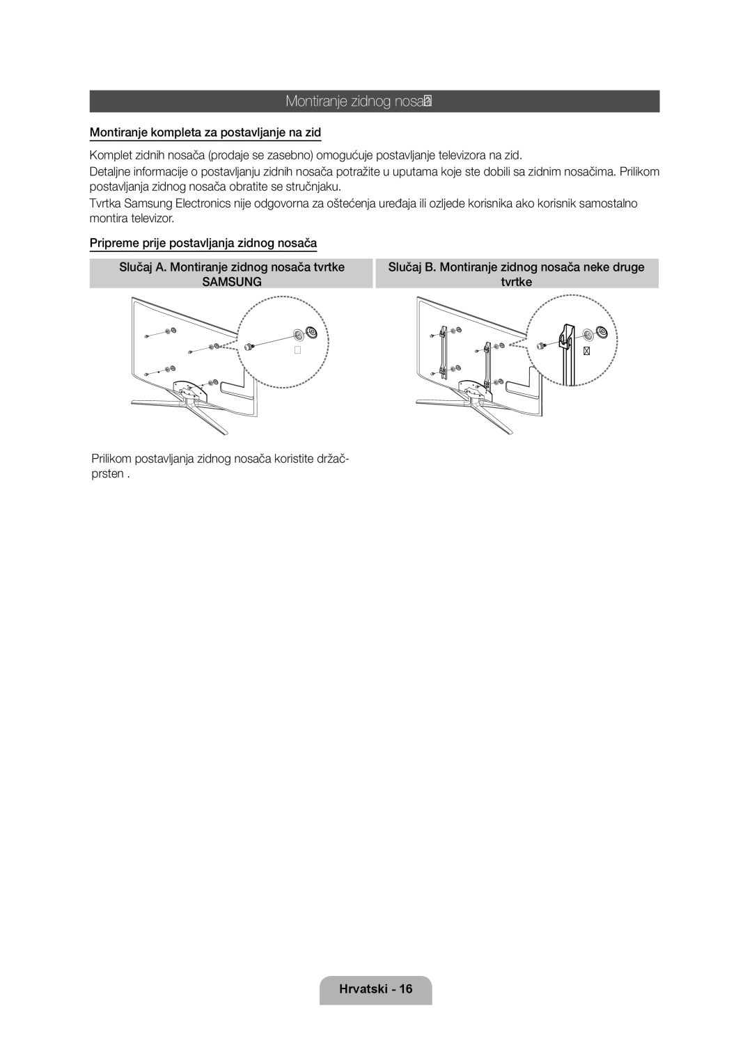 Samsung UE55D7000LSXZF, UE40D7000LSXXH, UE46D7000LSXXH, UE55D7000LSXXH, UE46D7000LSXZF manual Montiranje zidnog nosača, Samsung 